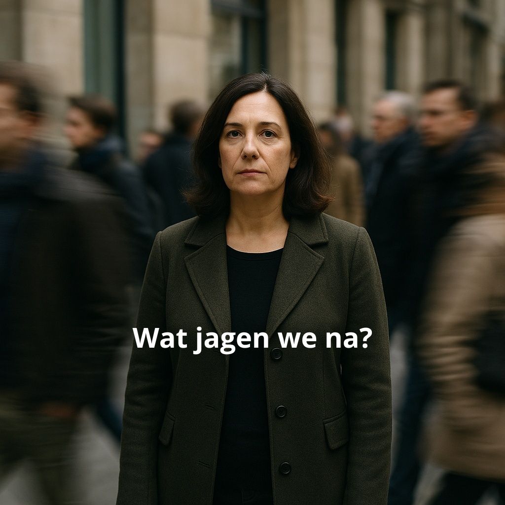 Vrouw in menigte met de vraag Wat jagen we na?