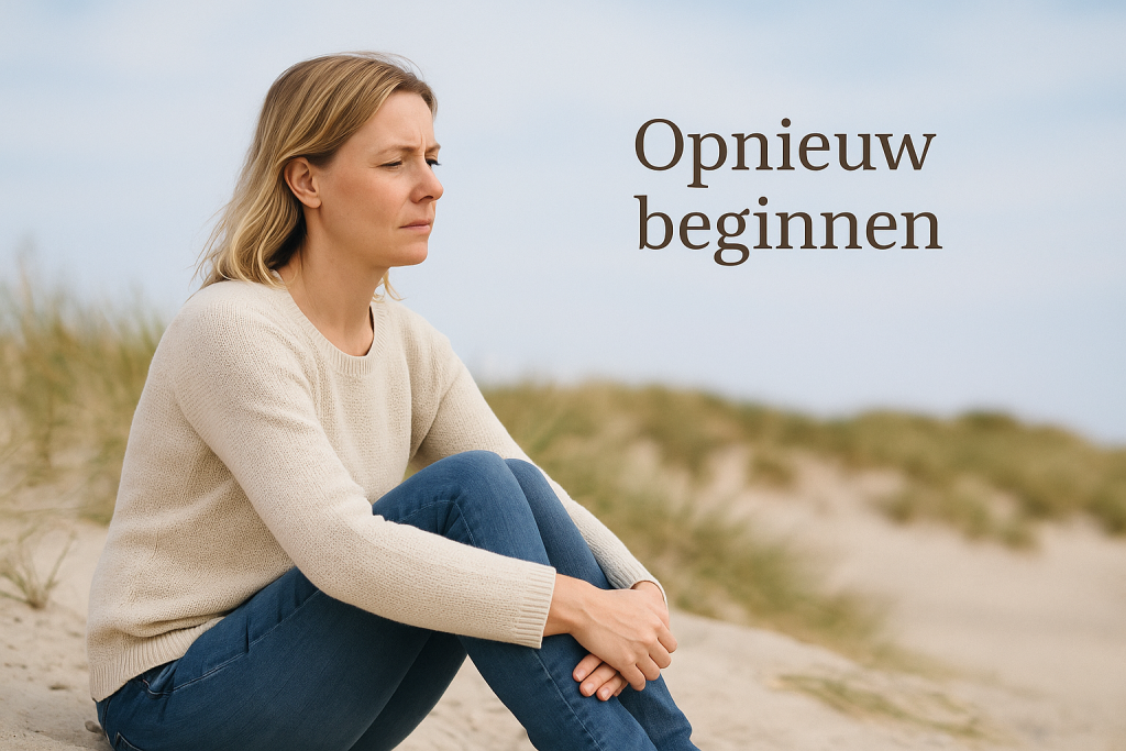 Blonde vrouw van rond de 40 zit op een zandduin, gekleed in een beige trui en spijkerbroek. Ze kijkt rustig voor zich uit, met een kalme en reflectieve blik. De lucht is zachtblauw en het duinlandschap straalt rust en ruimte uit — symbool voor opnieuw beginnen en bewustwording.