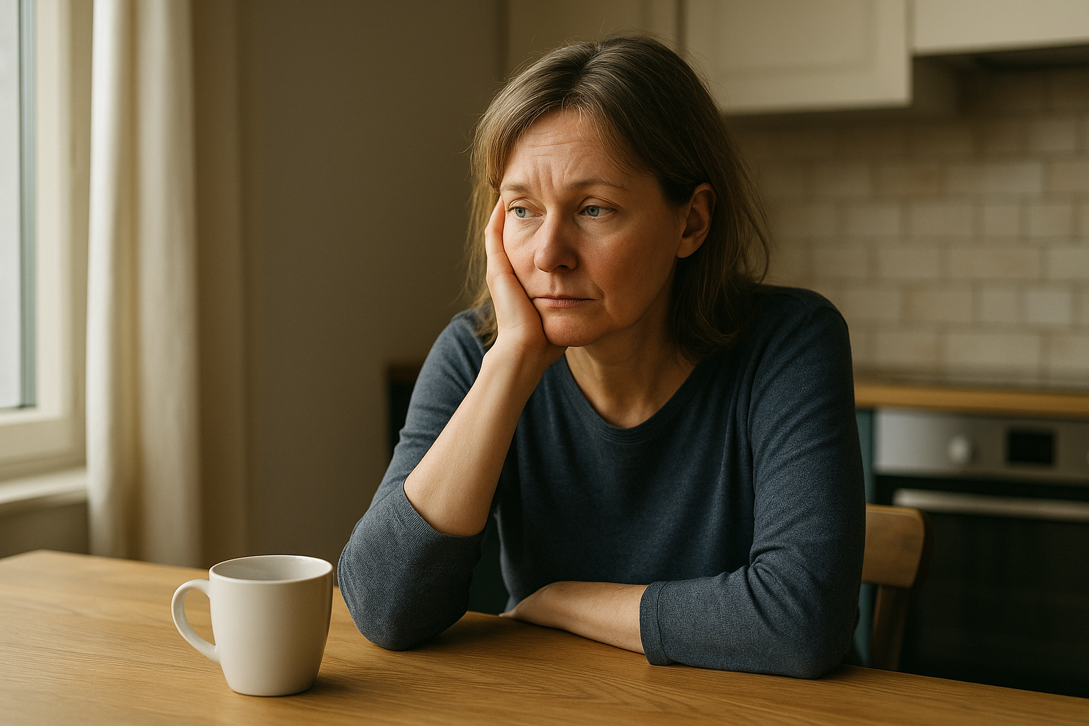 Vrouw van 40+ zit in stilte aan de keukentafel, nadenkend na het altijd alles doen voor anderen