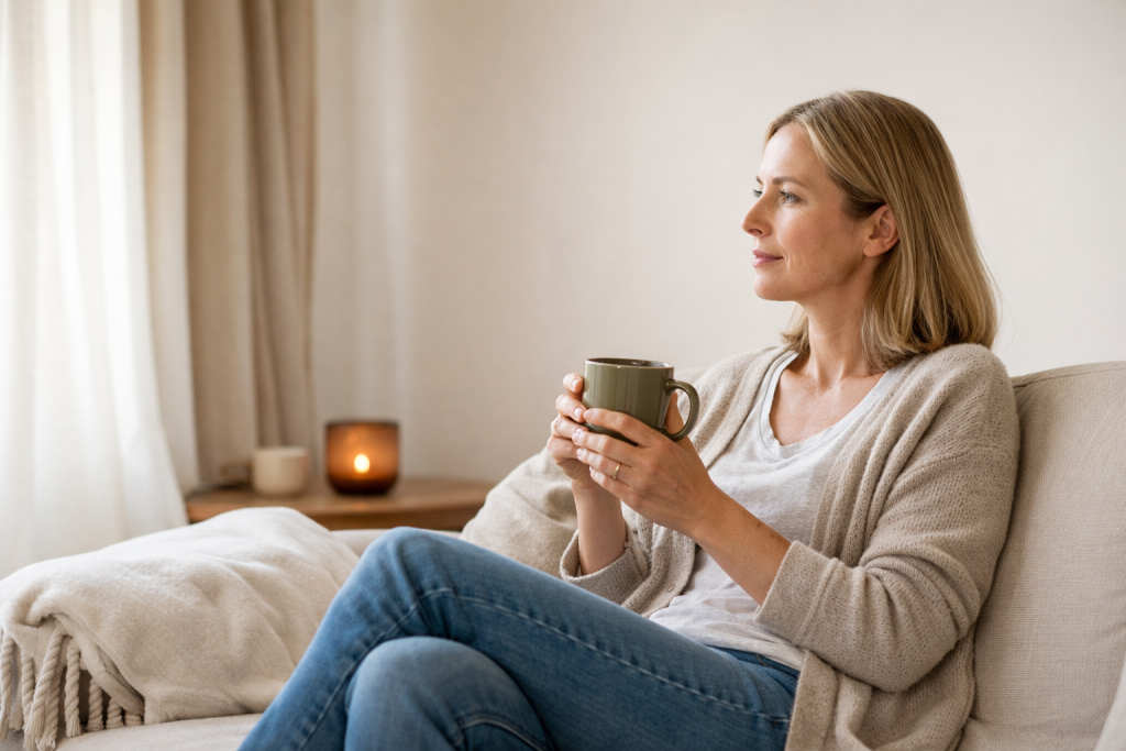 Vrouw van rond de veertig zit rustig op de bank met een kopje thee in natuurlijk licht.