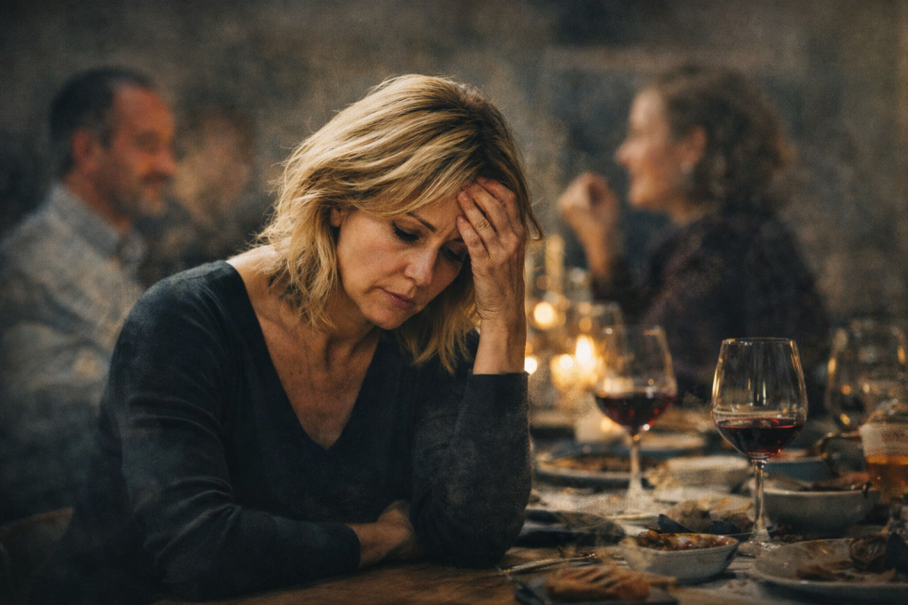 Vrouw van 40+ zit aan een tafel met haar hoofd in haar hand terwijl anderen op de achtergrond praten; beeld van innerlijke onrust, zorgen maken en vastzitten in gedachten.