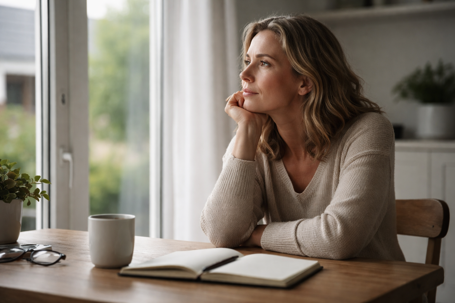 Reflectieve vrouw van rond de veertig zit aan tafel en kijkt naar buiten terwijl ze nadenkt over een volgende stap in haar leven.