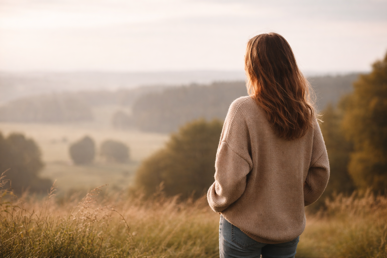 Vrouw die stil staat en uitkijkt over een open landschap, symbool voor rouw, verlies en ruimte maken voor jezelf.