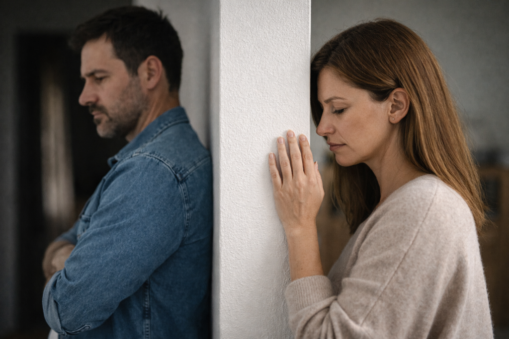 Man en vrouw staan aan weerszijden van een muur; de vrouw legt haar hand tegen de muur als symbool voor emotionele afstand en onuitgesproken gevoelens.