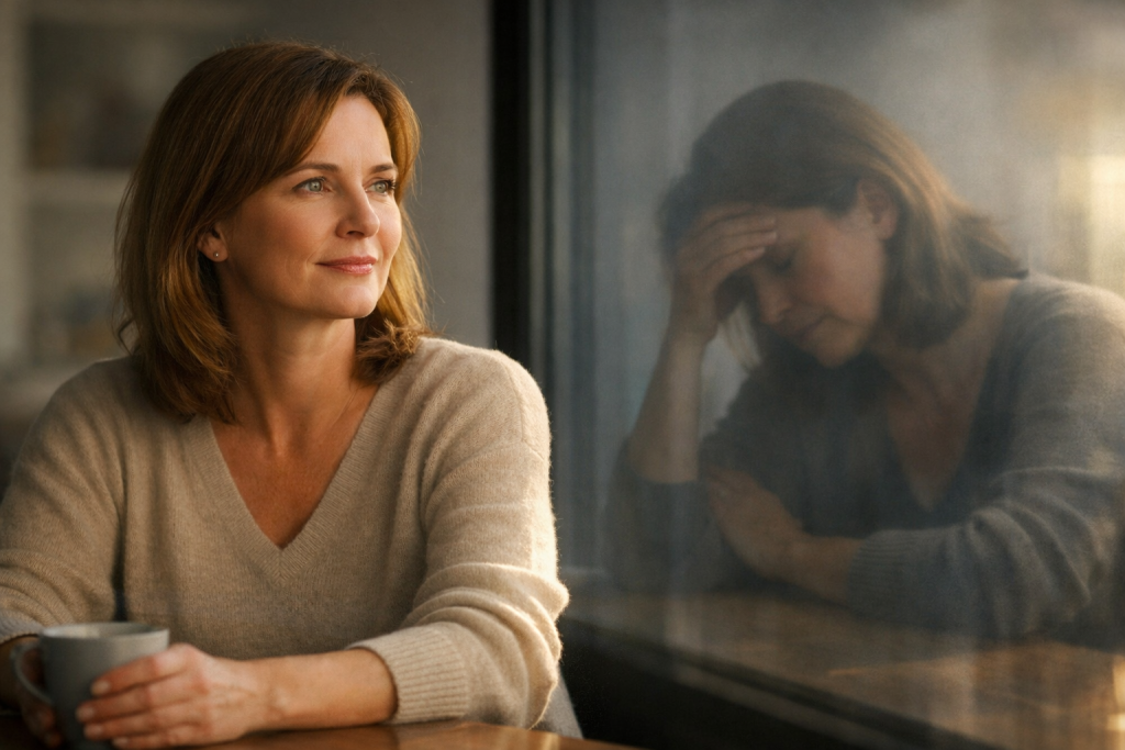 Vrouw van 40+ zit rechtop en rustig aan tafel terwijl haar reflectie in het raam haar moe en ingezakt toont.