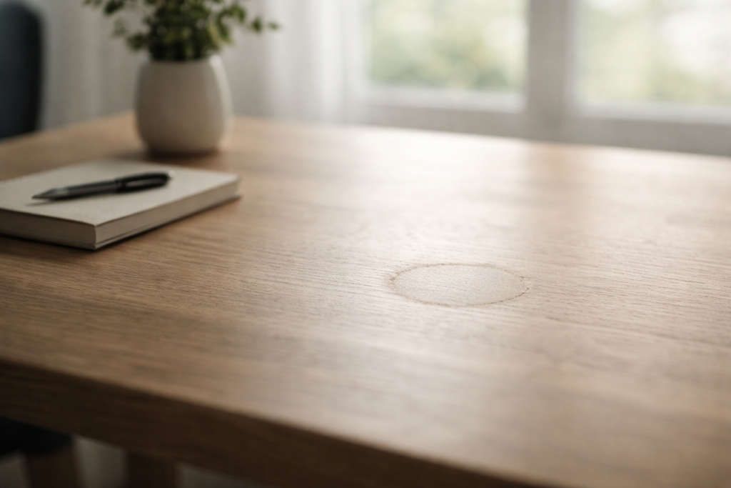Lege plek op een houten tafel waar een kopje heeft gestaan, symbool voor stoppen met overnemen en ruimte laten ontstaan.