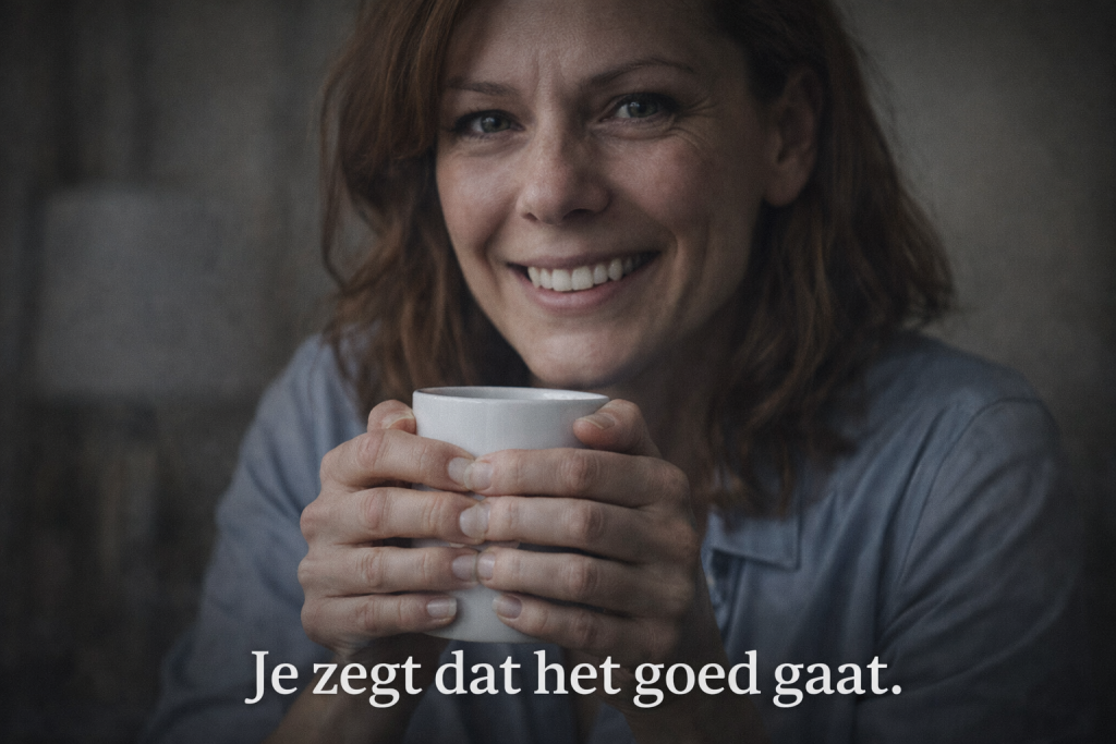 Vrouw glimlacht terwijl ze een kop koffie vasthoudt, maar haar handen knijpen gespannen om de mok.