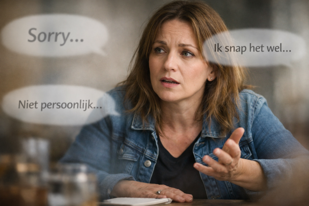Vrouw die wil spreken maar zichzelf ondermijnt door te verzachten en te twijfelen