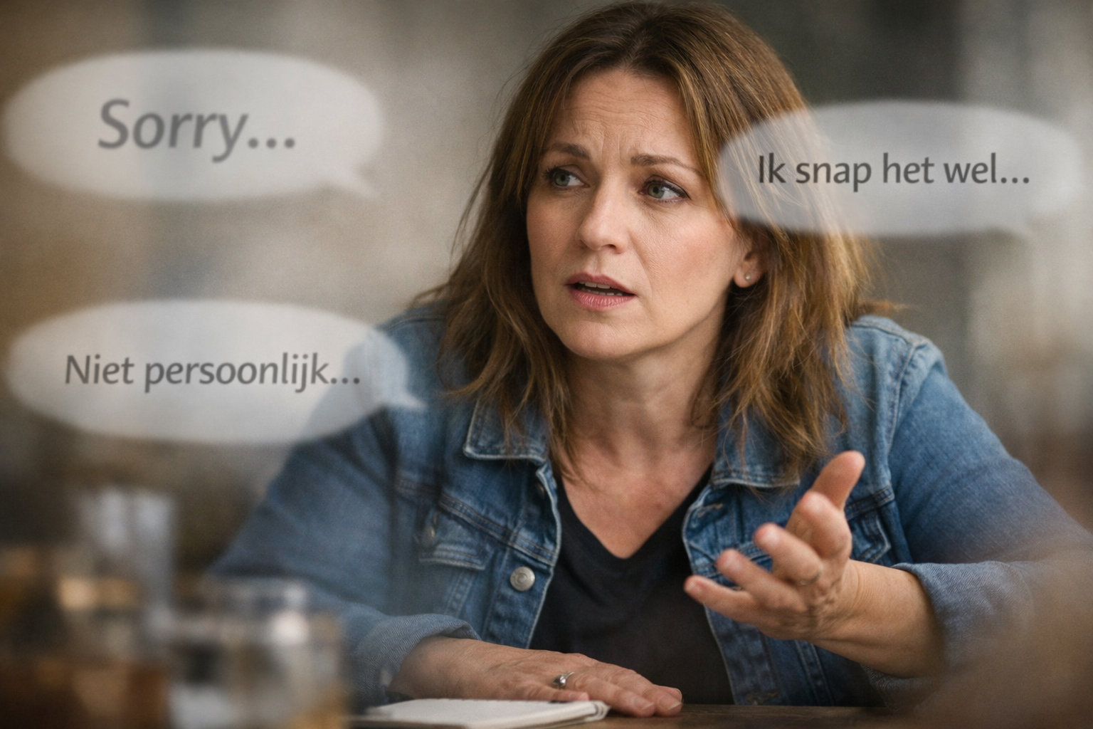 Vrouw die wil spreken maar zichzelf ondermijnt door te verzachten en te twijfelen