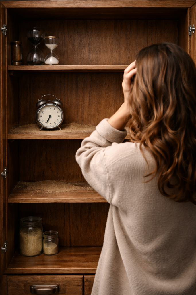 Vrouw kijkt in een bijna lege voorraadkast met een klok en zandlopers – symbool dat tijd voor jezelf vaak ontbreekt. Waarom dit werkt: Vrouw kijkt in een bijna lege voorraadkast met een klok en zandlopers – symbool dat tijd voor jezelf vaak ontbreekt.