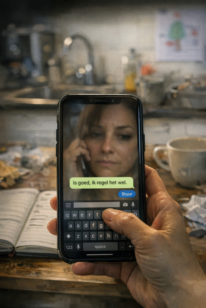 vrouw typt bericht is goed ik regel het wel terwijl ze twijfelt en over haar grenzen gaat