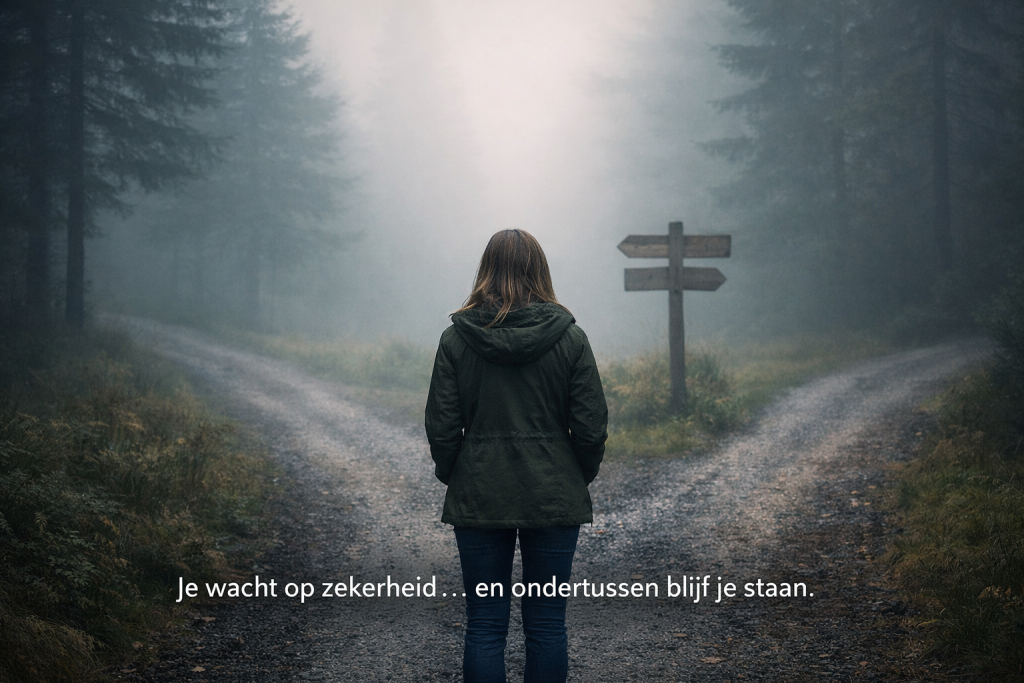 Vrouw staat stil op een mistig pad en twijfelt over welke richting ze op moet gaan