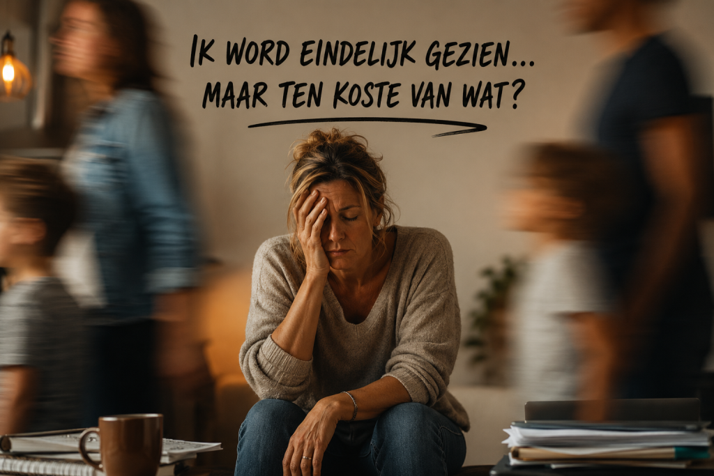 Vrouw van 40+ zit uitgeput tussen de drukte terwijl iedereen langs haar heen loopt zonder echt te zien hoe het met haar gaat.