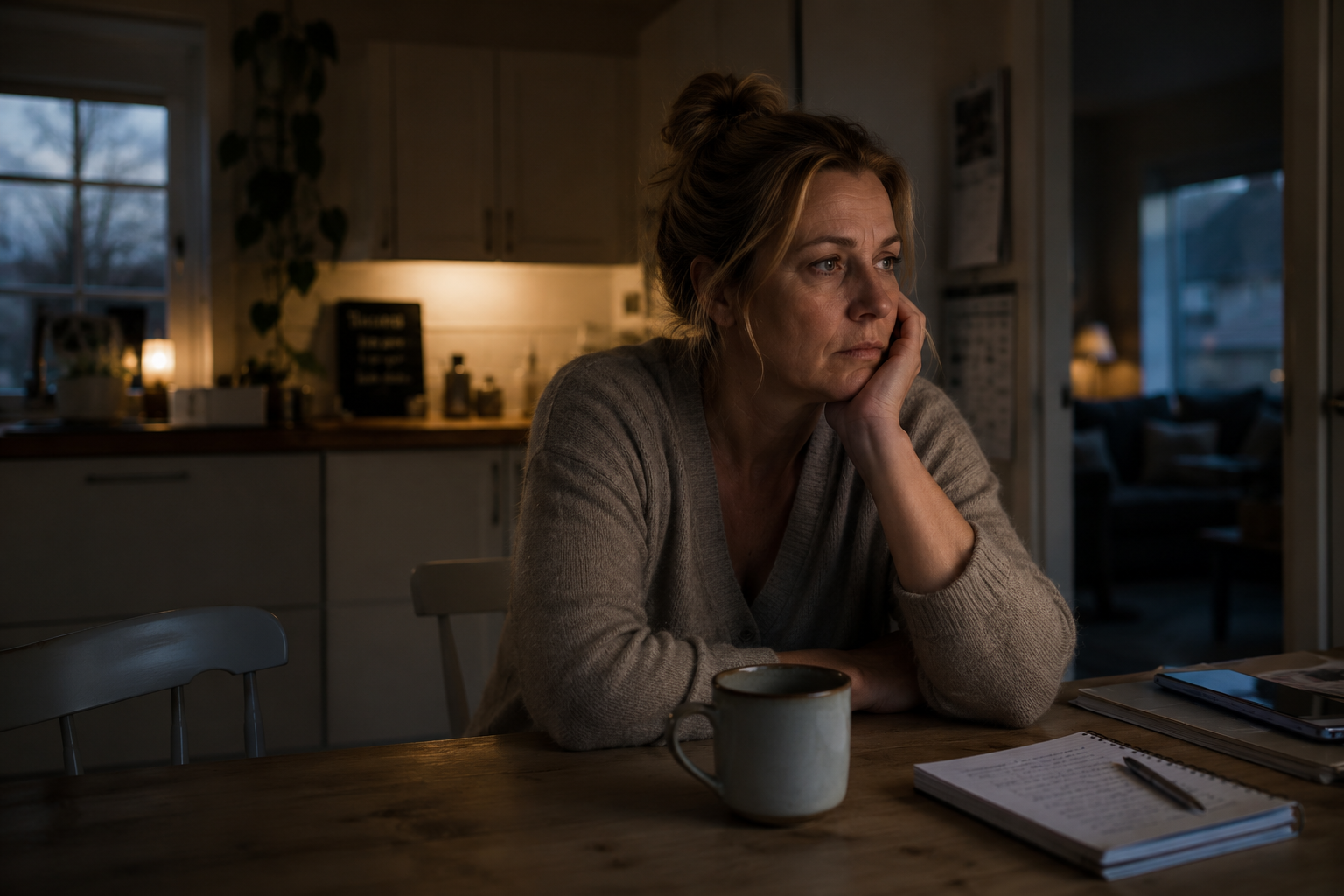 Vrouw van boven de veertig zit uitgeput alleen aan de keukentafel terwijl ze voor zich uit staart.