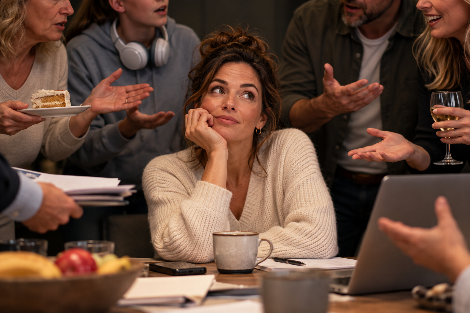 Vrouw van 40 plus omringd door mensen die iets van haar vragen, terwijl zij probeert iedereen tevreden te houden.