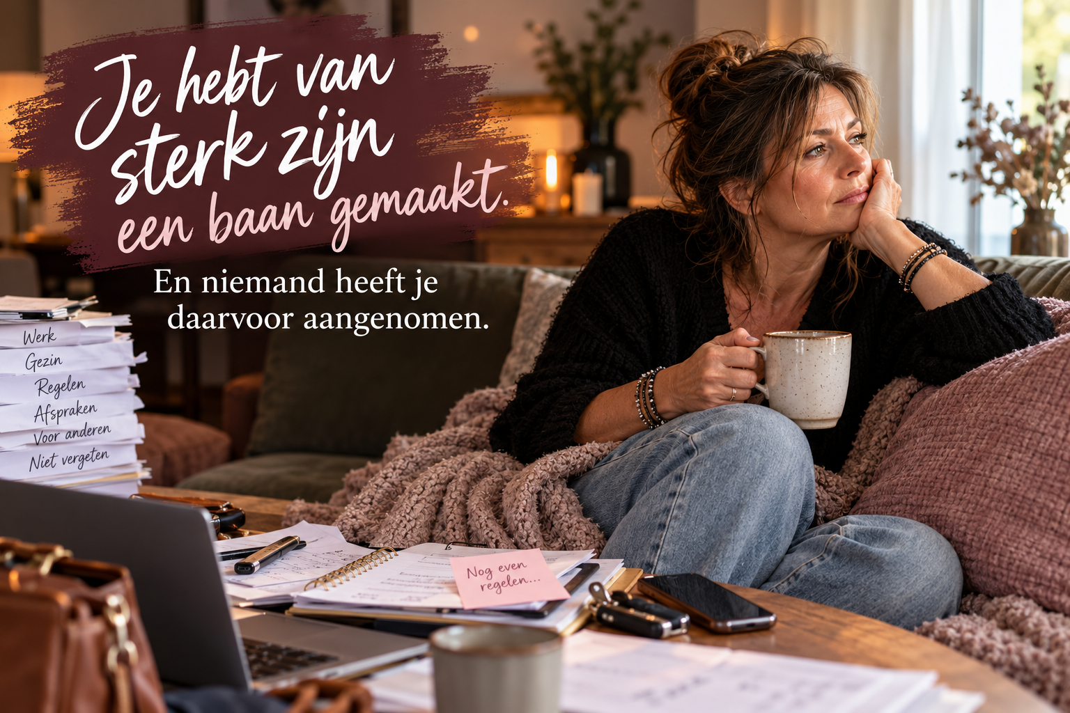 Een vrouw van 40+ zit nadenkend op de bank, omringd door werk, papieren en taken die nog geregeld moeten worden. De afbeelding laat zien hoe vermoeiend het is om altijd de sterke vrouw te moeten zijn.