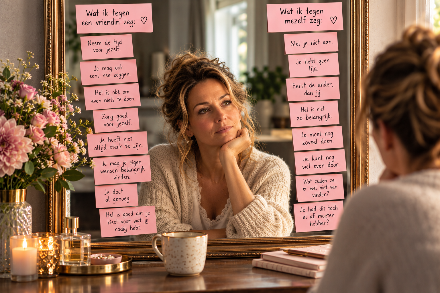 Vrouw van middelbare leeftijd kijkt in de spiegel naar briefjes met lieve adviezen voor vriendinnen en strenge verwachtingen voor zichzelf.
